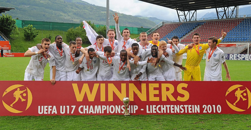 The 2010 UEFA European U17 Championship winners celebrate at the Rheinpark Stadion in Vaduz, Liechtenstein.